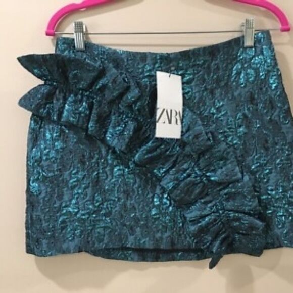 NWT Zara nwt green jacquard skirt Zara Teal Metallic Ruffle Mini Skirt XS - Picture 15 of 16